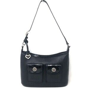 Brighton Pebbled Leather Hobo Shoulder Bag Black Y2k Croc Embossed Flap Pockets